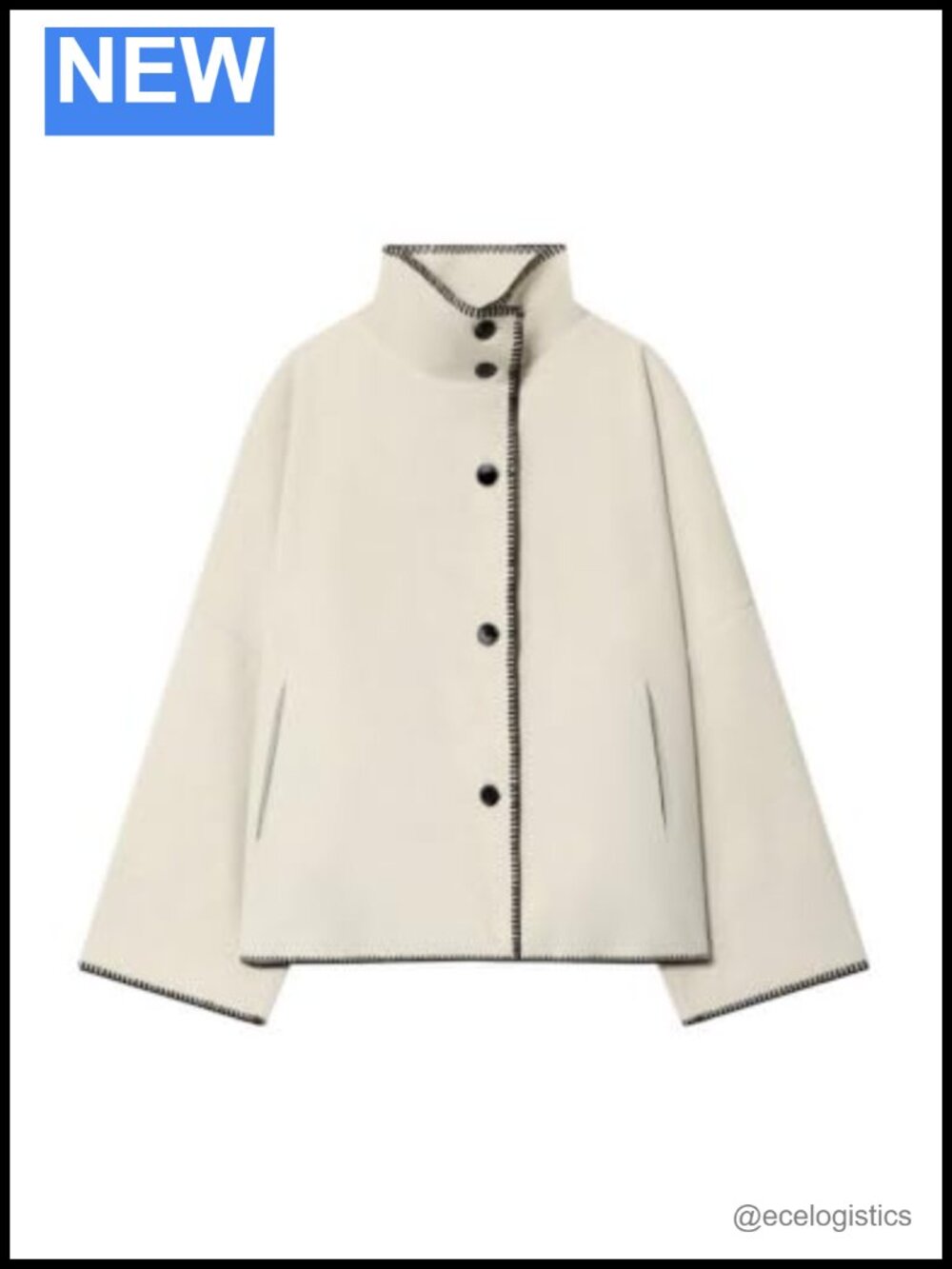 Women's Cropped Wool Blend Pea Coat Stand Collar Oversized Jacket